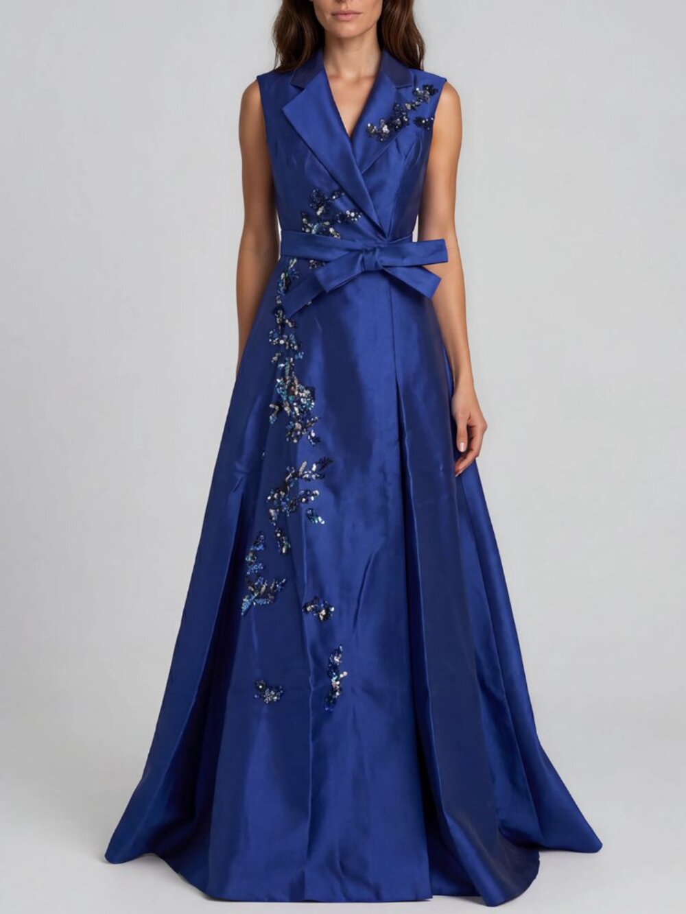 Rene Ruiz Embellished-Floral Sleeveless Collared Gown